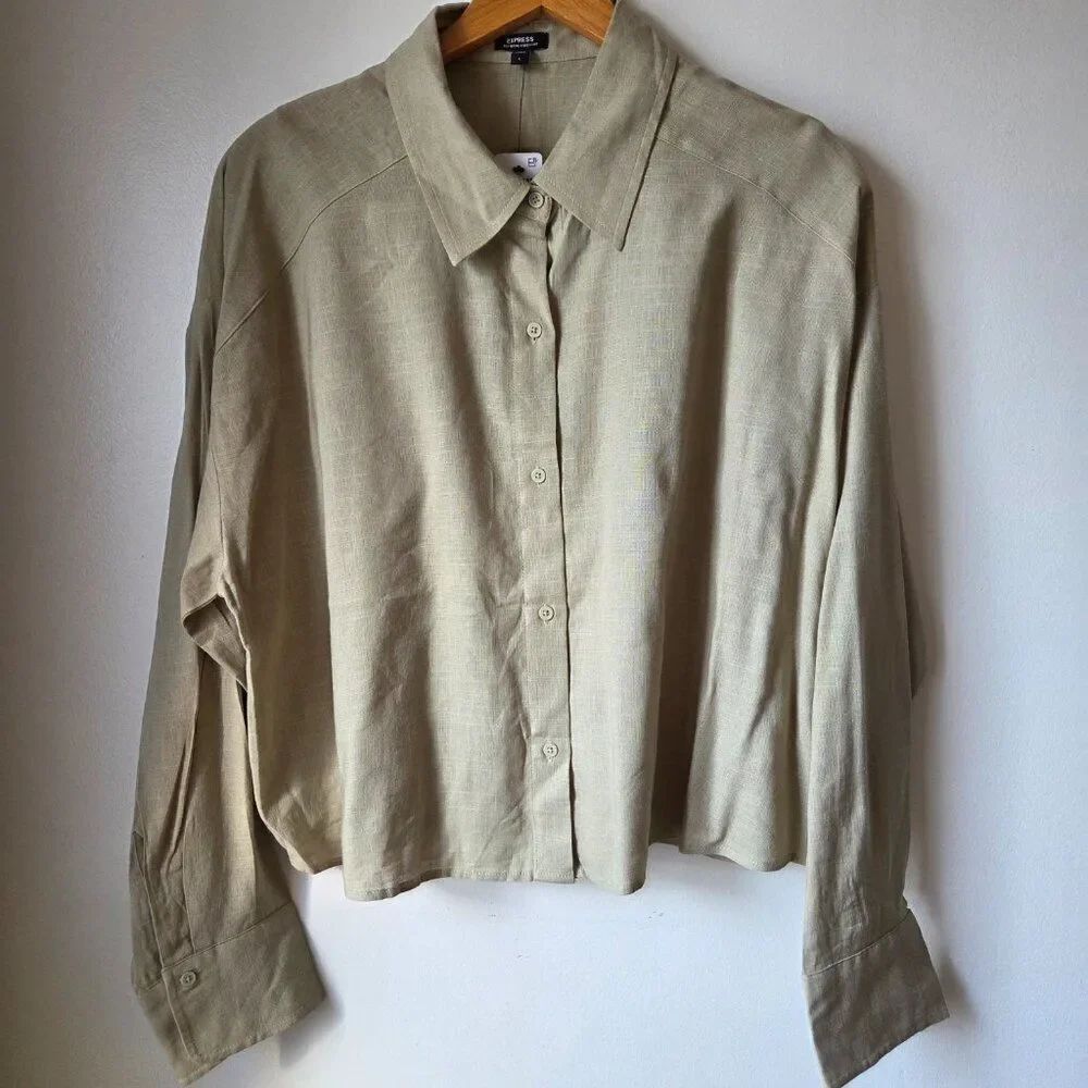 NWT EXPRESS BOYFRIEND PORTOFINO BEIGE LONG SLEEVES RELAXED SHIRT SIZE L